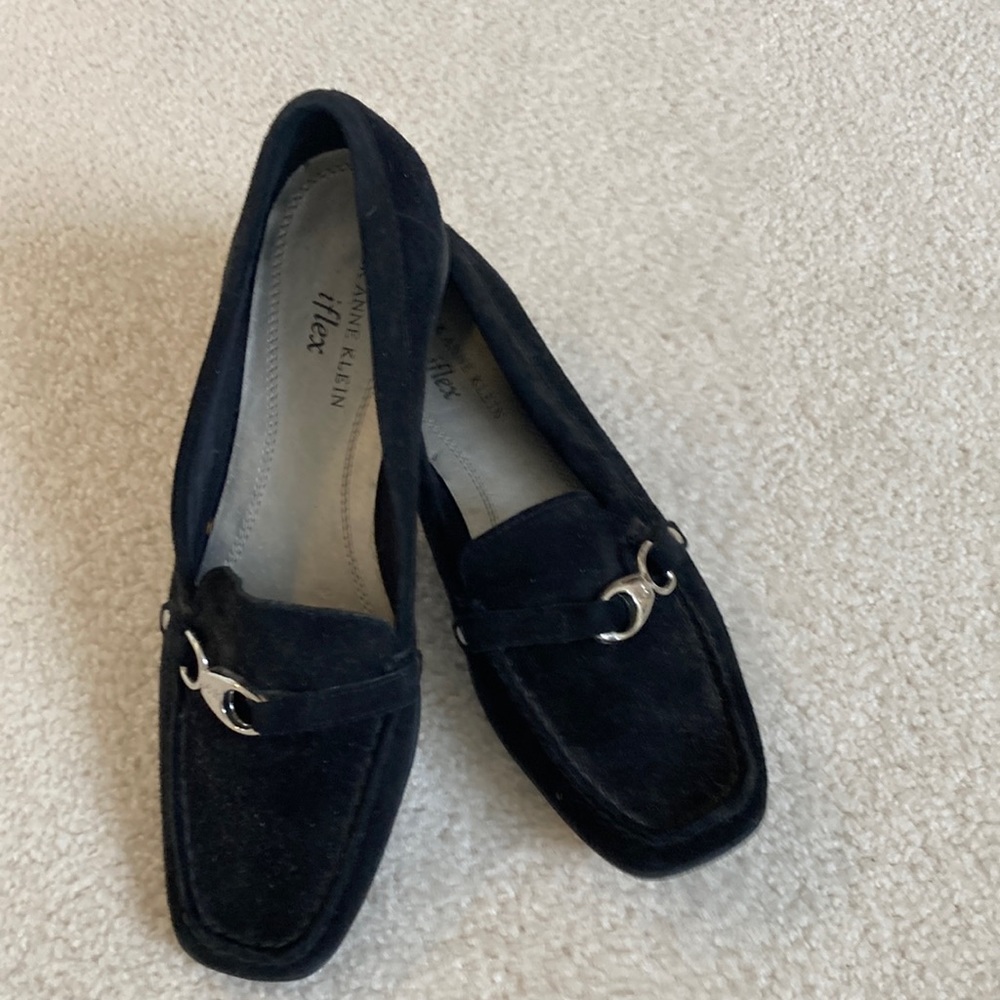 Black suede iflex Anne Klein flats rubber sole . Silver adornment w iconic Logo